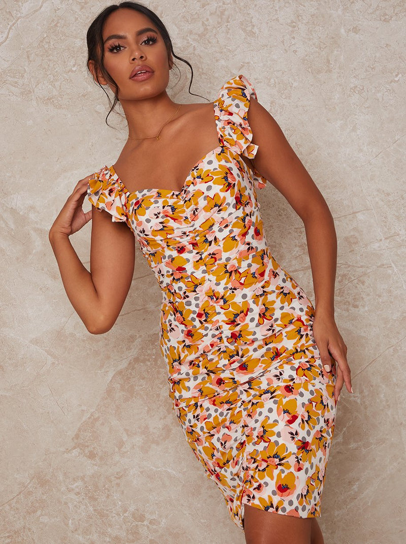 Ruffle Floral Print Bodycon Dress in ...